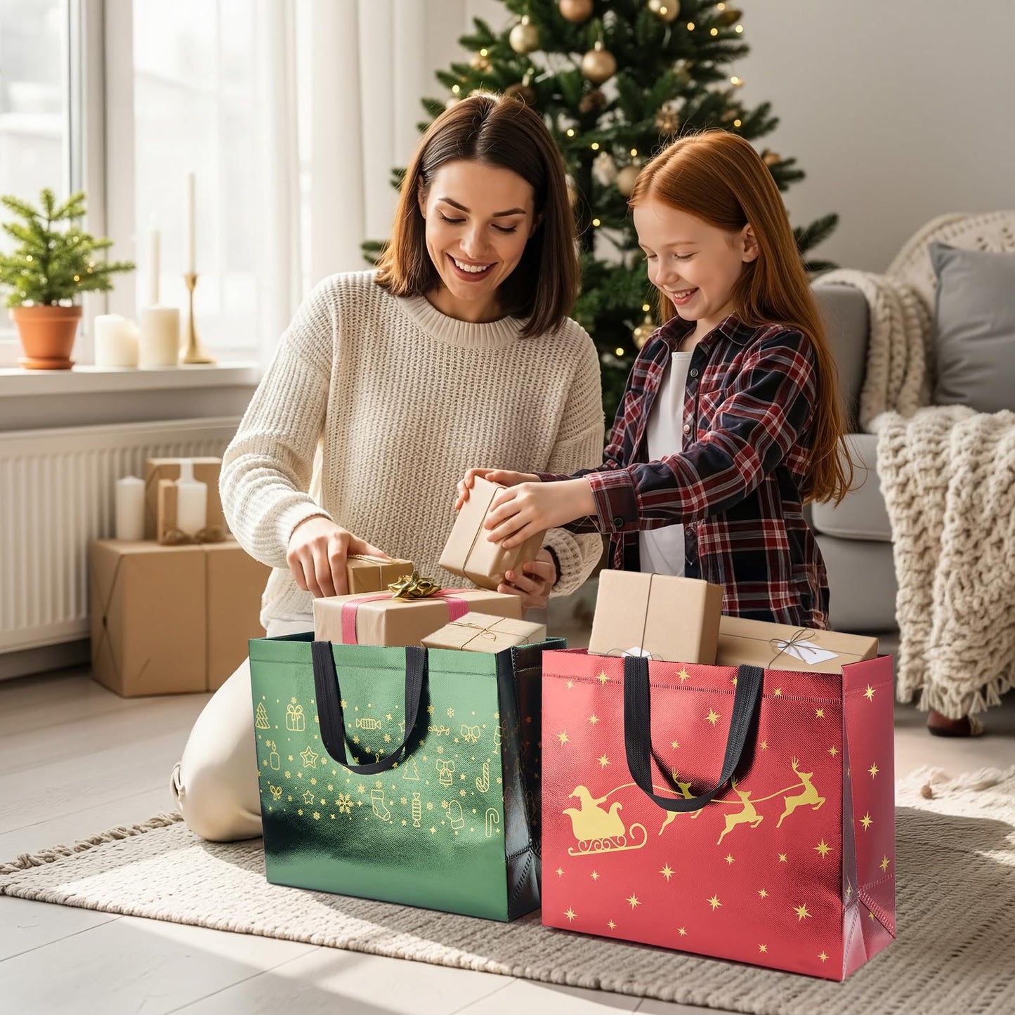 16 Pack 13" Large Christmas Gift Bags With Tissue Paper, Reusable 4 Unique Designs Christmas Bags with Handle for Gifts Wrapping Shopping Xmas Party Supplies(13" x 11" x 5")