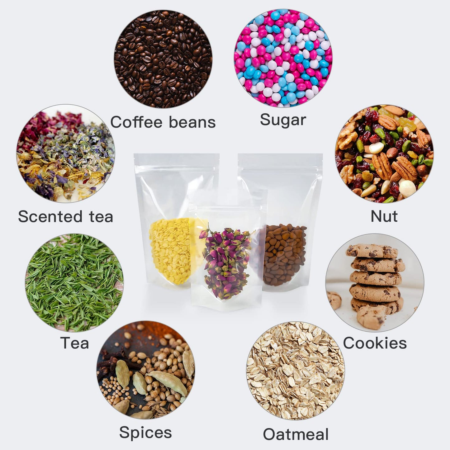 100 Pcs Resealable Bags,5.1" x 7.9"Clear Stand Up Food Bags,Zip Lock Food Storage Bags for Packaging Products,Herbs,Snack,Tea,Spices,Pet Food and Soaps