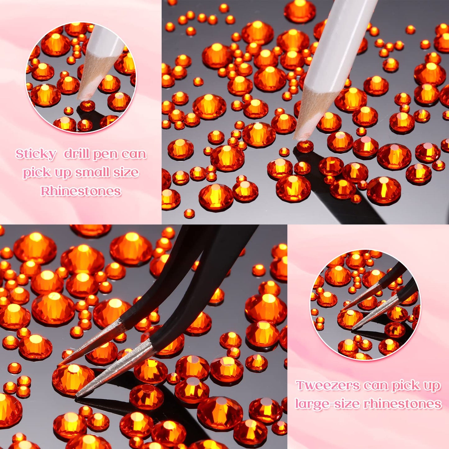 2000 Pieces Flat Back Gems Rhinestones 6 Sizes (1.5-6 Mm) Round Crystal Rhinestones with Pick up Tweezer and Rhinestones Picking Pen for Crafts Nail Clothes Shoes Bags DIY Art (Orange)