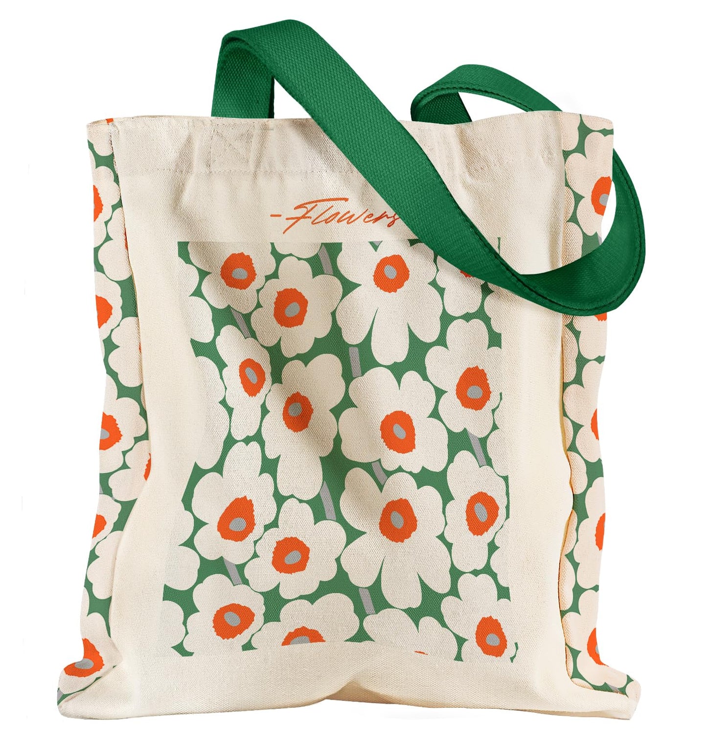 Miss Adola Aesthetic Heavy Canvas Tote Bag - with Pocket for Women Large Cloth Cotton Tote Bag for Shopping, Gym, Work, Travel, Beach, Vacation, Green White Flower