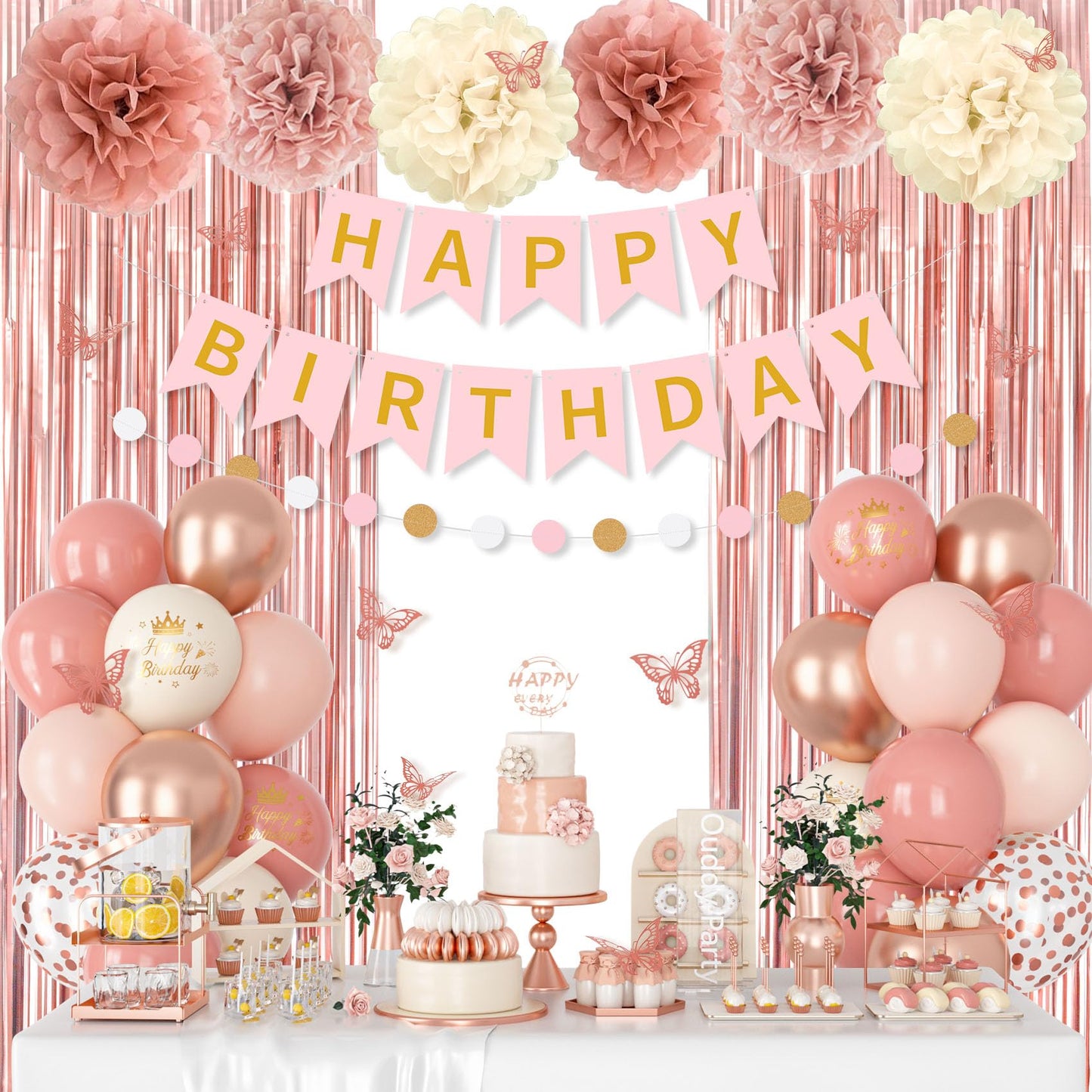 Pink Decorations for Women Girls, Dusty Pink Sand Rose Gold Metallic Printed Balloons Butterfly Stickers Fringe Curtain Happy Birthday Banner Circle Dots Garland Paper Pompoms Valentines Supplies