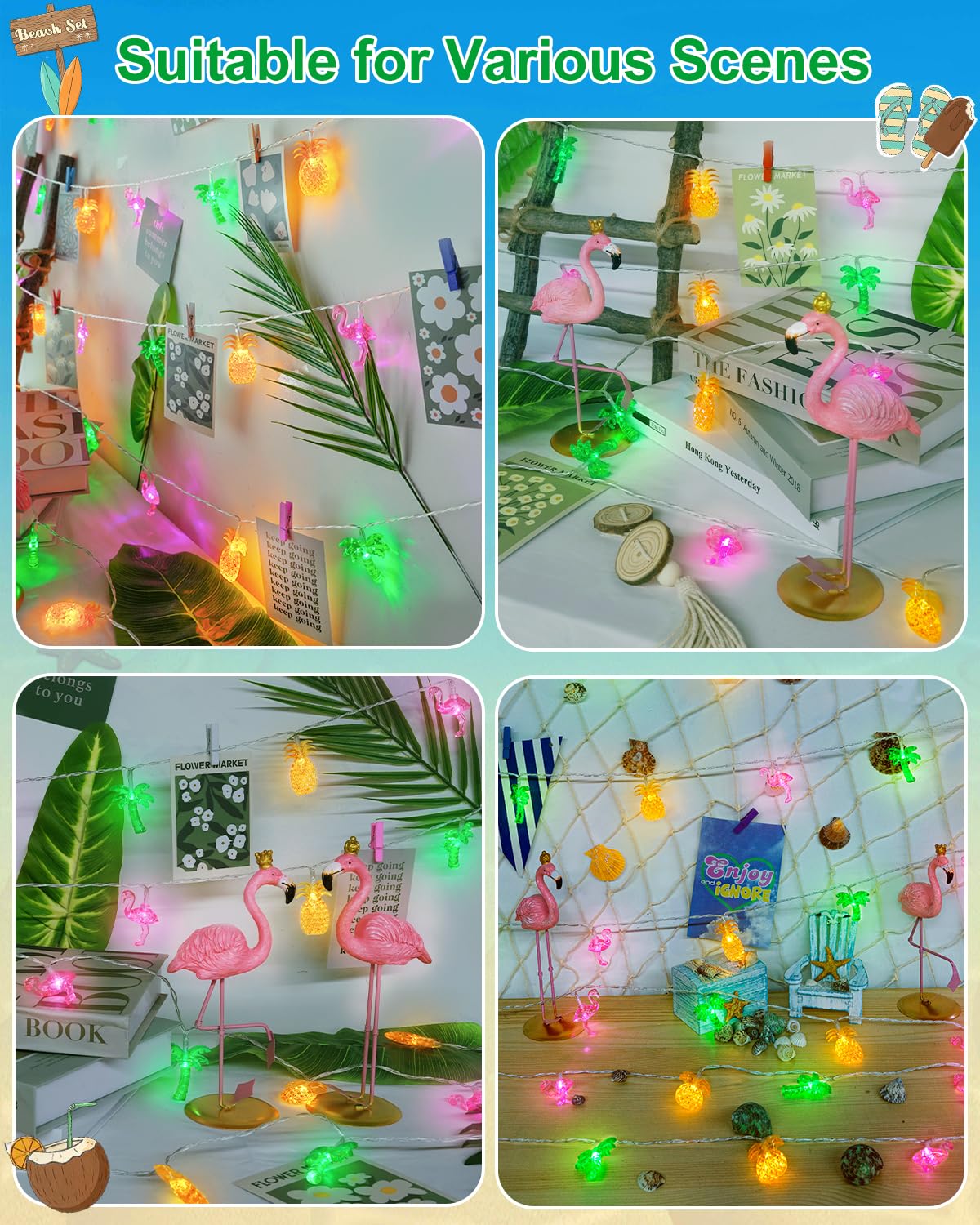 50 LED 25ft Summer Hawaiian Beach String Lights Outdoor with Remote, Flamingo Pineapple Palm Tree Fairy Twinkle Lights Battery Operated with 8 Modes & Timer for Tropical Party Beach Pool Decorations