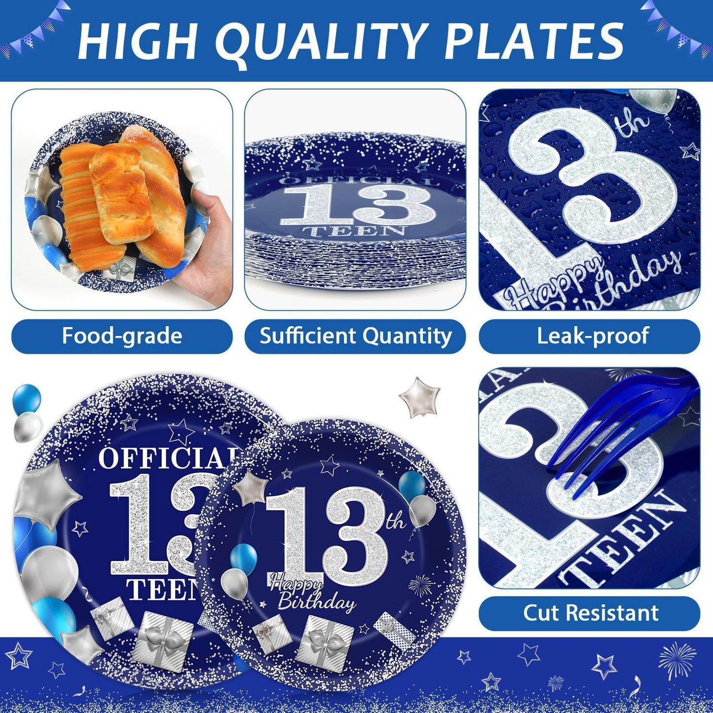 gisgfim 96 PCS 13th Birthday Party Supplies 13th Birthday Plates and Napkins Official Teen 13th Tableware Blue and Silver Dinnerware Set 13 Years Old Party Decorations Favors for Boys Girls Serve 24