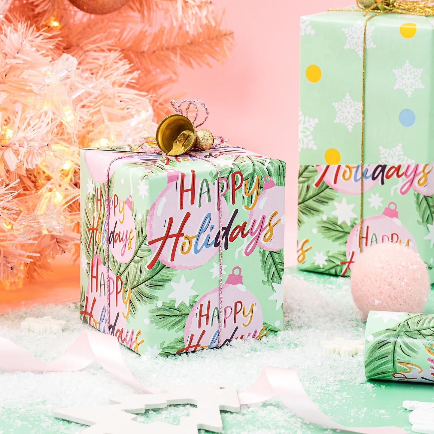 30 Inch Jumbo Reversible Christmas Wrapping Paper - 30 Inch x 33 Feet - Happy Holiday Lettering with Christmas Ball Design for Holiday, Party Celebration