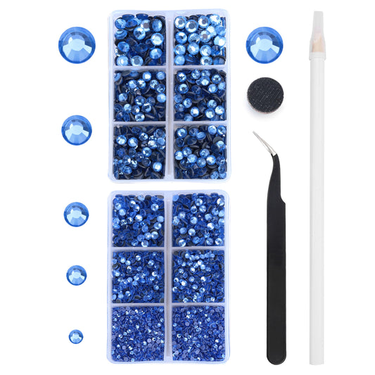 MEIBITE 6796PCS Light Blue Hotfix Rhinestones Crystal Stones Glass for Fabric Clothes Shirts Sparkly Flat Back Round with Tweezers and Picking Pen (SS6~SS30 Set)