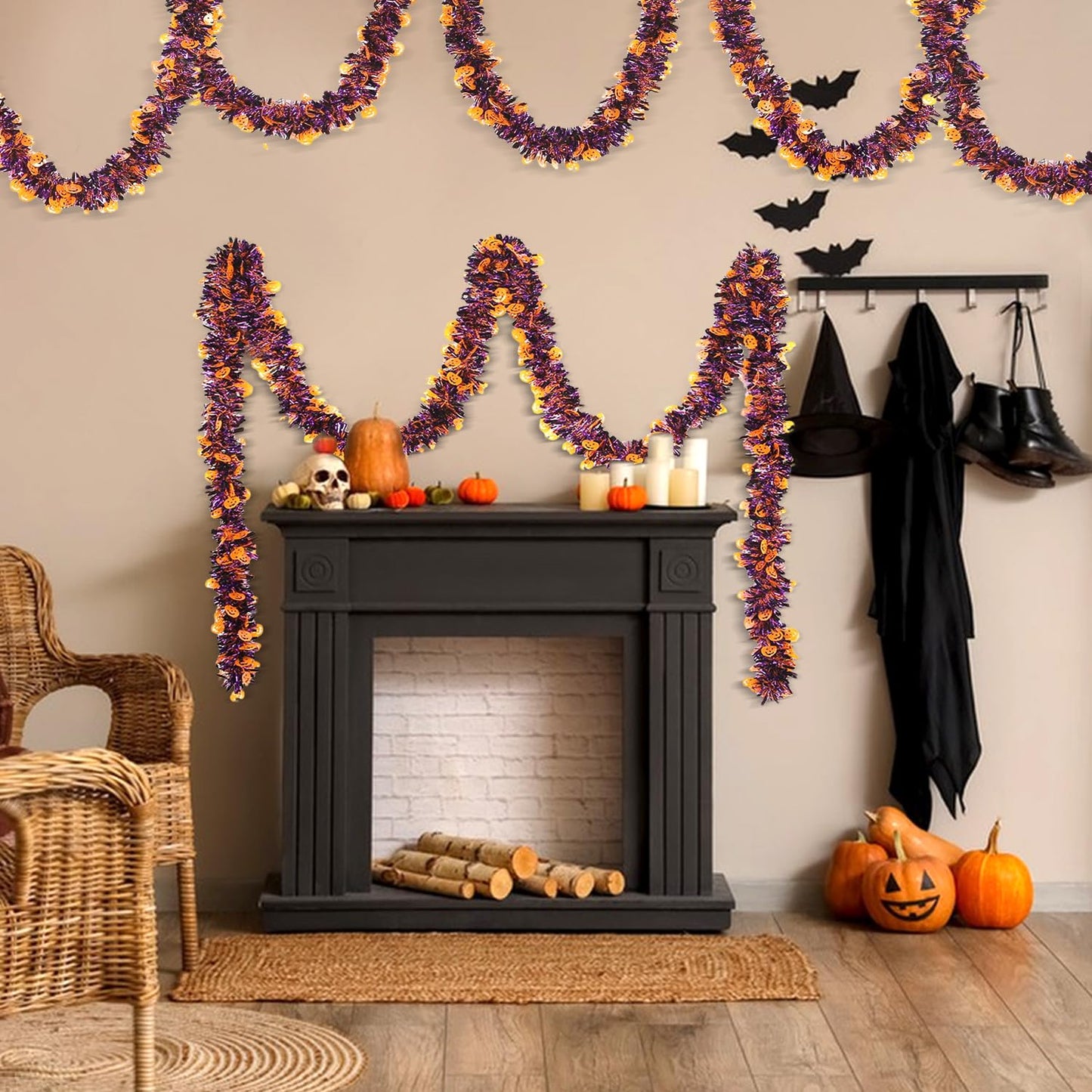 Halloween Garland Decor,33Ft Glitter Tinsel Pumpkin Garland Decorations for Tree Car Golf Cart Parade Float Bike Indoor Outdoor Holiday Home Burnt Orange Black Purple