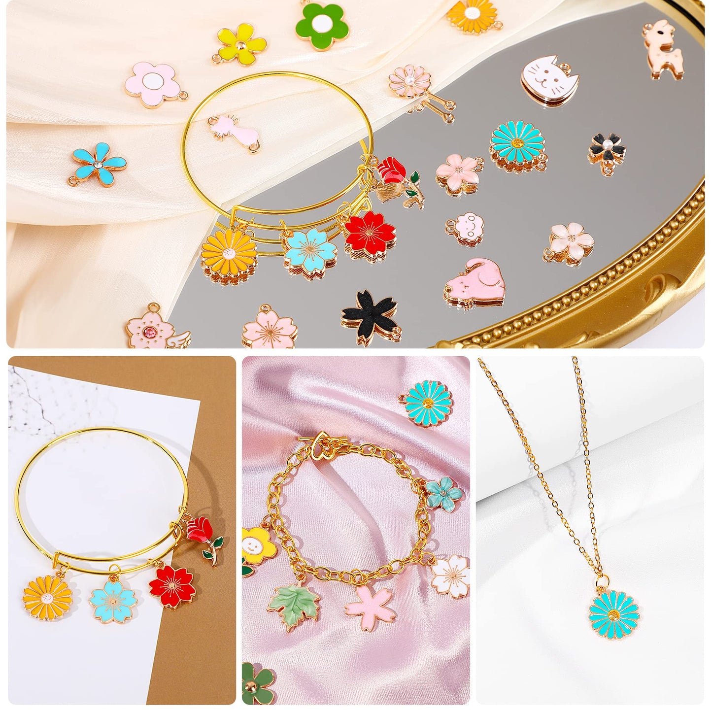 MARFOREVER 120 Pcs Spring Summer Floral Themed Charms, Flower Charms for Jewelry Making, Assorted Gold Enamel Charm Pendants for DIY Necklace Bracelet Earrings Supplies Gifts for Mom Women Girls