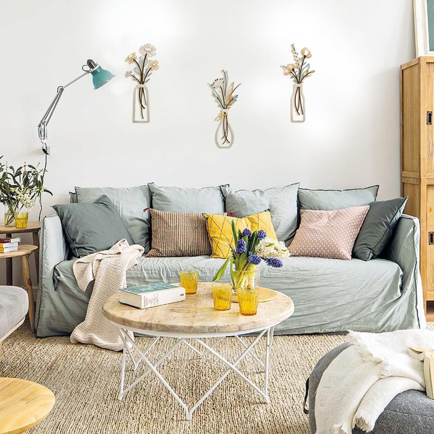 3 Pieces Metal Flowers Wall Arts - Rustic Farmhouse Decor Beige Minimalist Flower Wall Decors for Living room Bathroom Bedroom Dining Room-Housewarming Gifts (Beige, Vase-C)