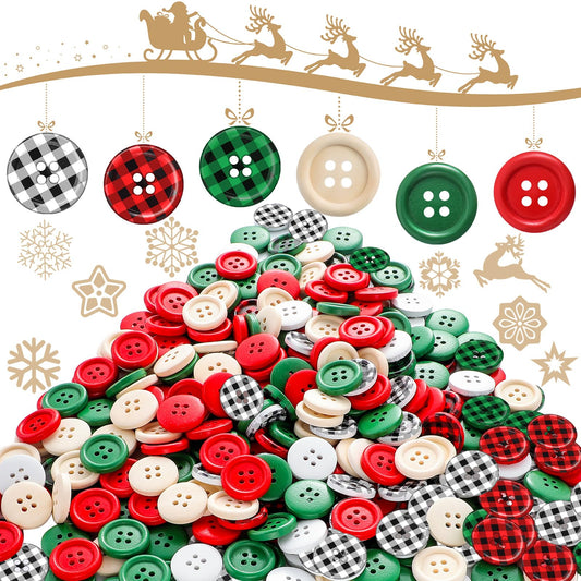 Luinabio 300 Pieces Christmas Buffalo Plaid Wood Buttons 4 Holes Black Red Wooden Buttons Gingham Craft Buttons Round Decorative Buttons for DIY Sewing Christmas Stocking Decor 0.79 Inch 6 Style