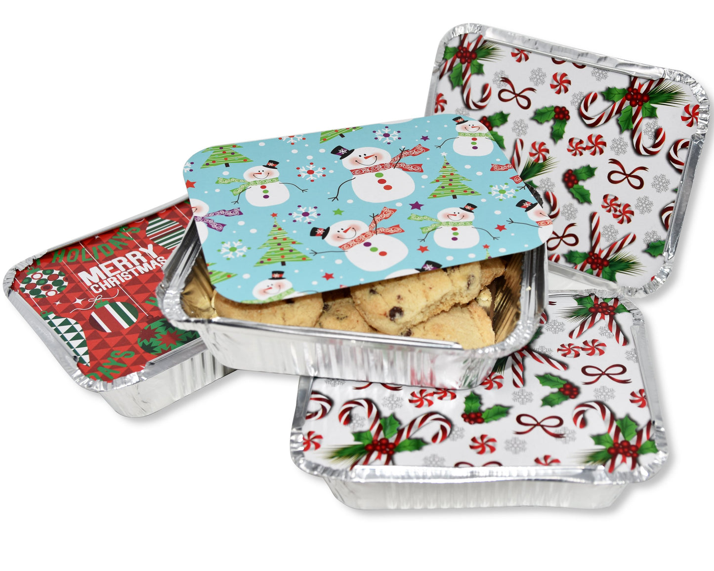 36 Count Christmas Tin Foil Containers with Lid Covers For Cookies in 3 Holiday Designs Aluminum Disposable Food Storage Pans For Treat Exchange & Goody Party Leftovers 5"W X 7"L X 1.5"