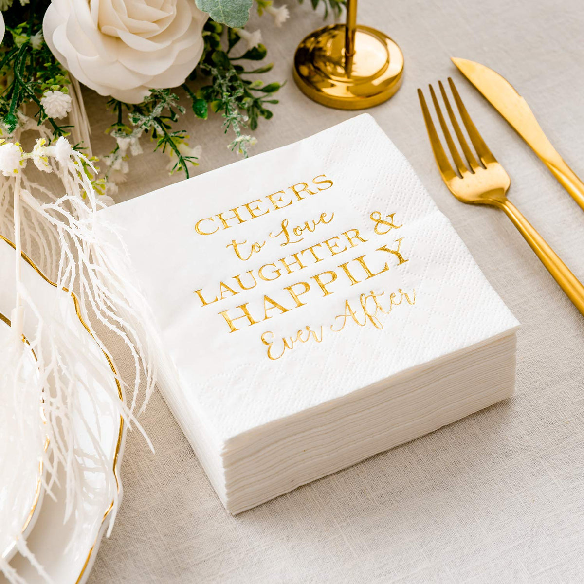 Crisky 3-Ply 50 Count Bridal Shower Napkins Disposable Cocktail Napkins Gold Foil Text Beverage Napkins for Engagement Party Decorations & Wedding Shower