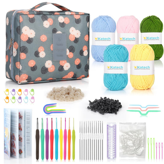 Beginner Yarn for Crocheting and Knitting-Crochet Yarn Kit for Beginners-Includes 382 Yards Cotton Yarn Balls, Hooks, Accessories, Tutorials, Ideal Starter Kit for Kids Adults Professionals