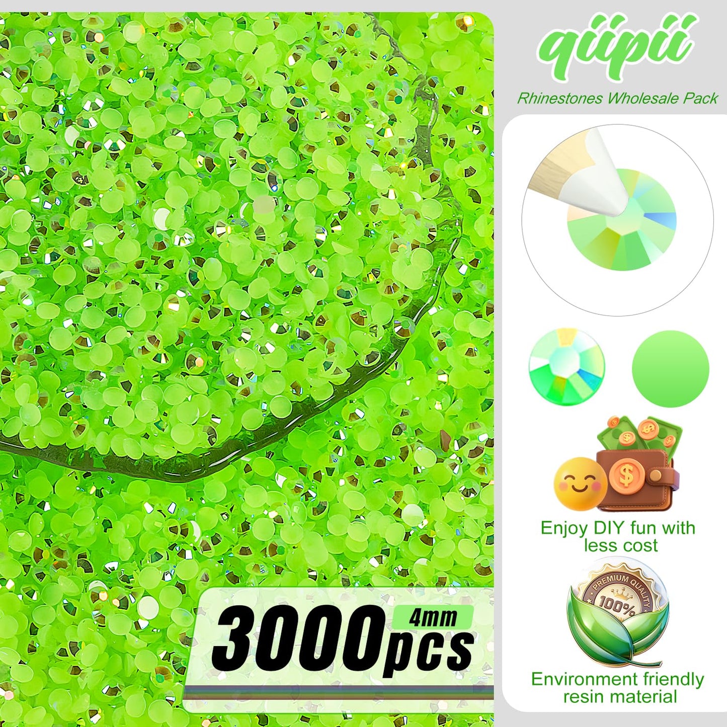 qiipii 3000PCS 4mm Fresh Green AB Resin Rhinestones for Crafting Peridot Green Flatback Jelly Stones Bulk SS16 Diamonds Gems Charms for Nails Face Eyes Makeup Tumblers DIY Crafts Decor Clothes Shoes