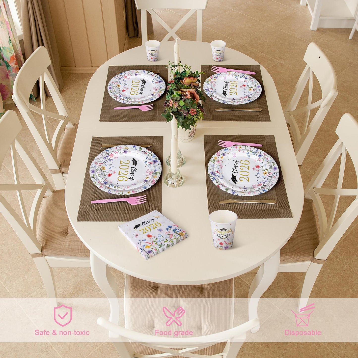 Kochorie 144 Pieces Class of 2026 Graduation Party Supplies, Congrats Grad Tableware Sets Including Disposable Paper Plates Napkins Cups Forks Serves 24 for Floral Graduation Party Decorations