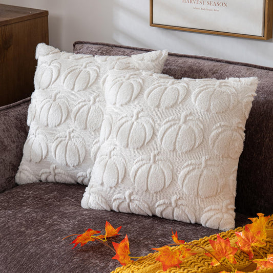 COSIBONO Pumpkin Fall Decorative Throw Pillow Covers 18"x18", Set of 2 Cream White Soft Faux Fur Pillow Covers for Autumn Harvest, Fluffy Plush Accent Pillow Cases for Farmhouse Couch Cushion Covers