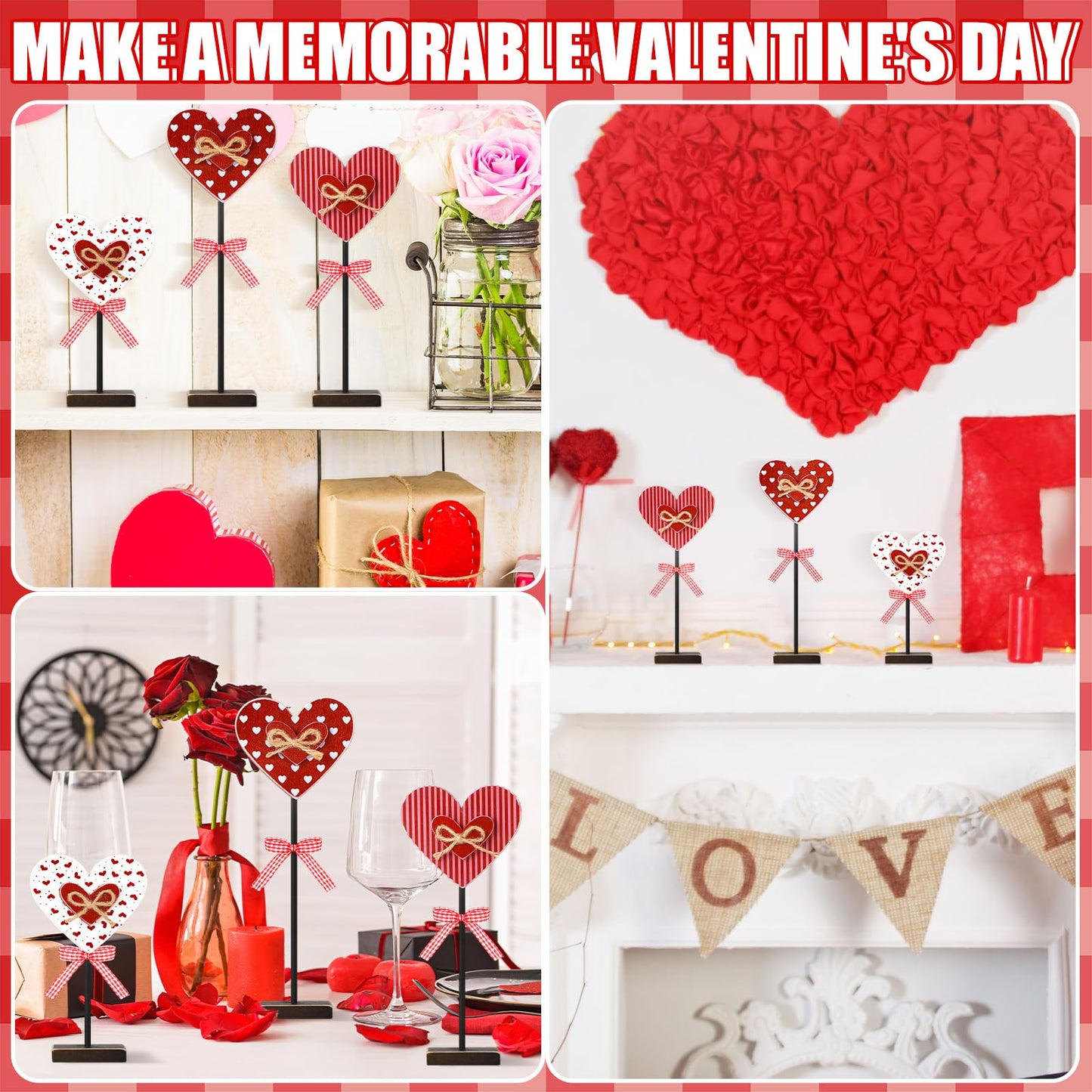 3 Pcs Valentine's Day Decoration Heart Wooden Sign Standing Block Love Christian Tables Centerpieces Valentines Decoration Double Printed Table Sign for Wedding Party Favor Supplies(Classic)