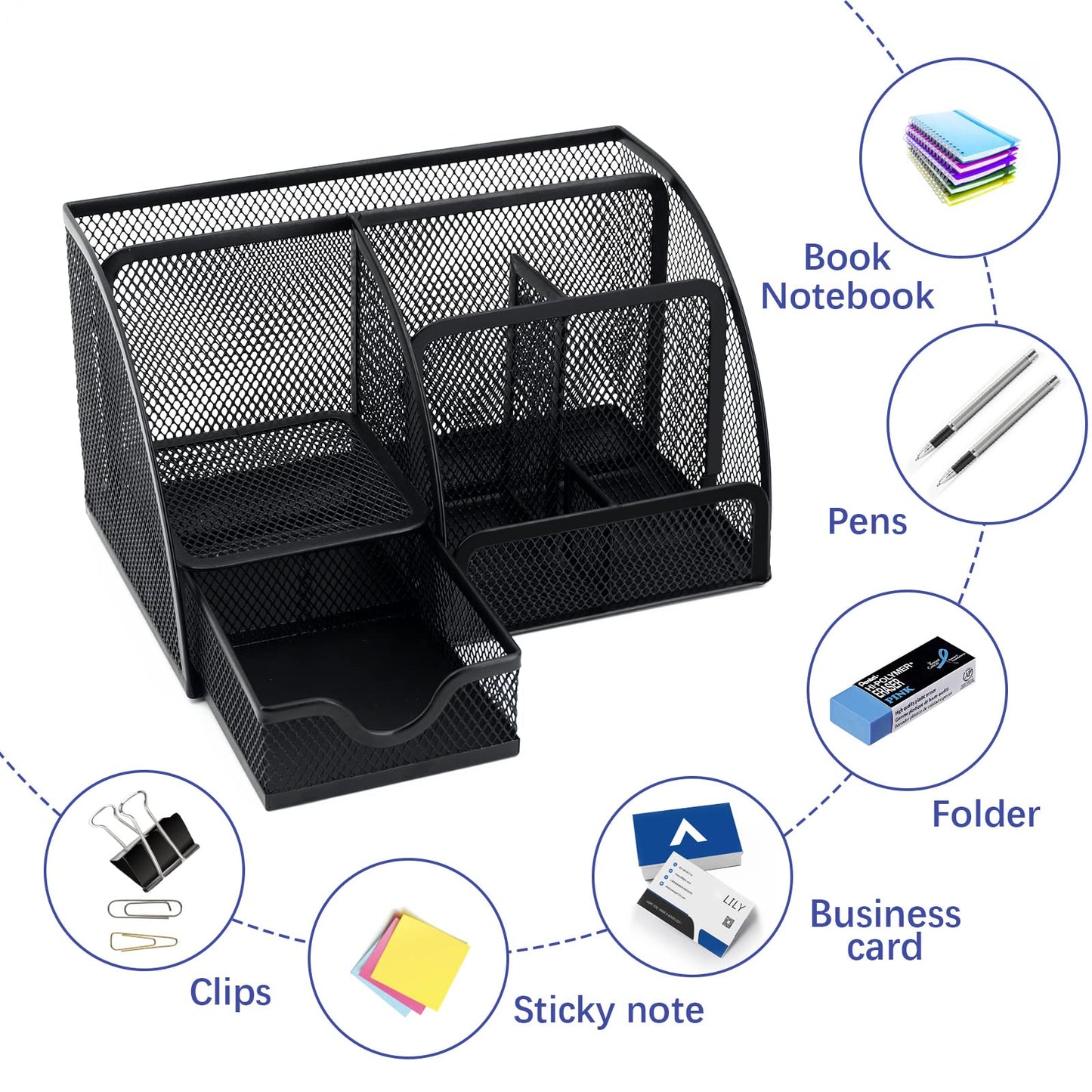 Desk Organizers, Office Supplies Desktop Organizer with Drawer and 6 Compartments, Black Desk Caddy + Pen Holder/Stapler with 1000 Staples Combo for Office Home School