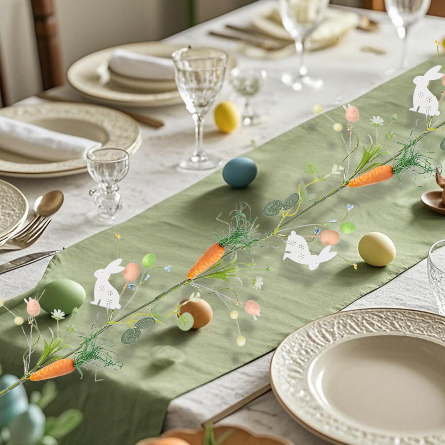 4 FT Easter Garland-Bunny & Carrot Garland Decorations for Mantle, Spring Artificial Garland with Easter Pastel Eggs for Indoor Home Fireplace Table Centerpiece Party Décor