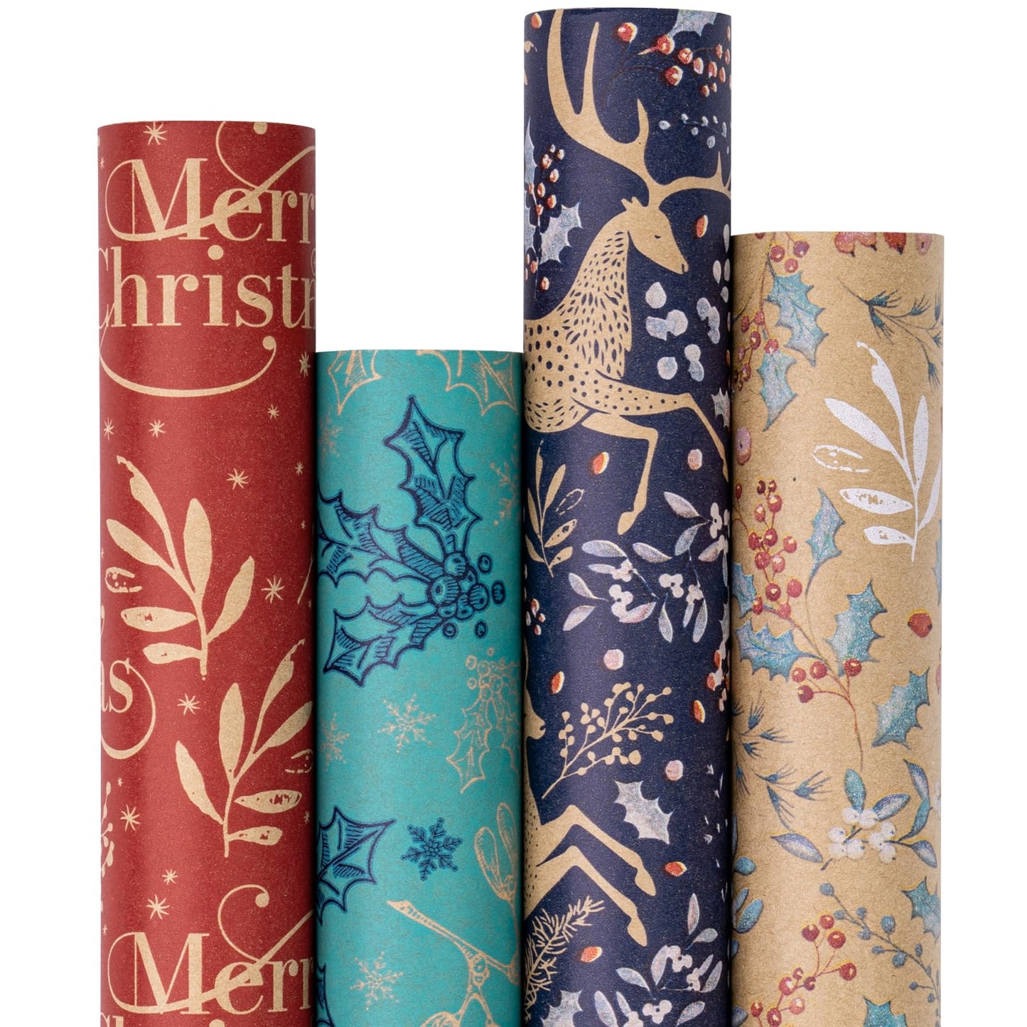 Christmas Kraft Wrapping Paper - Reindeer, Berry Leaf and Text Design - 4 Rolls - 30 inches x 10 feet per Roll