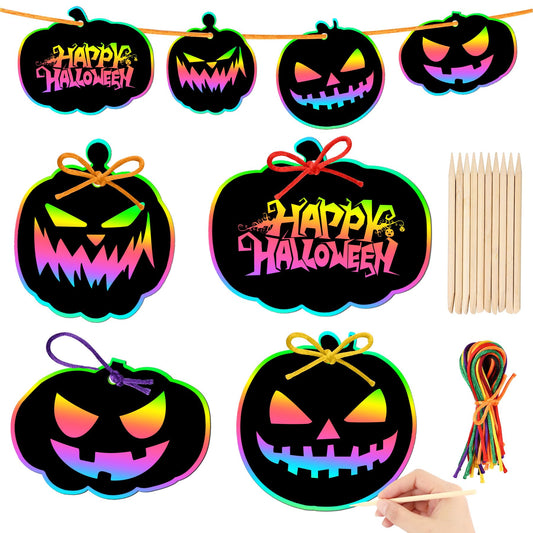 36 Pieces Halloween Scratch Paper Crafts Kit Bulk of Halloween Pumpkins Magic Rainbow Scratch Art for Kids DIY Party Ornaments Halloween Decor with 12 Wooden Sticks and 36 Colorful Ribbons