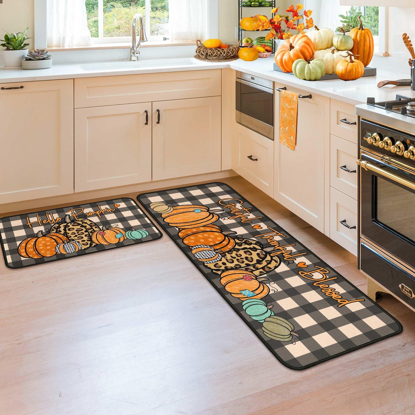 Fall Kitchen Rugs and Mats for Floor, Fall Decorations for Home, 2 Pcs Non-Slip Backing Pumpkin Mat, Autumn Decor Thanksgiving Kitchen Rug Sets with Runner 17"x47.2"+17"x30"