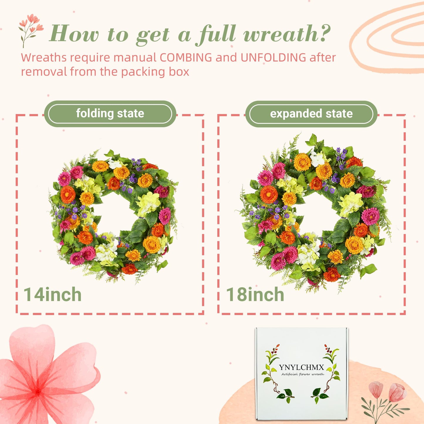 YNYLCHMX 18" Spring Summer Wreaths for Front Door, Artificial Floral Wreath with Daisy Flowers Green Tea Leaves, Green Foliage Wreath for Wall Window Farmhouse Party Holiday Home Decor