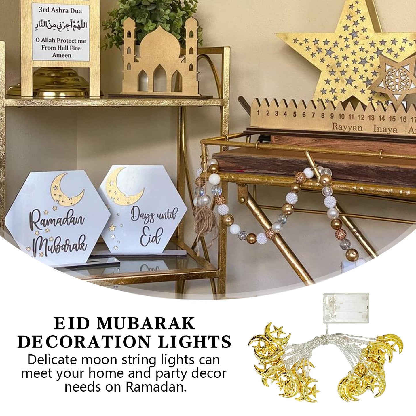 Vigdur Ramadan String Lights - 20 LEDs Eid Mubark Moon Star Fairy Lights Battery Operated with Timer, Ramanda Decoration Lights for Eid Al Adha Ramadan Home Decor, 10FT