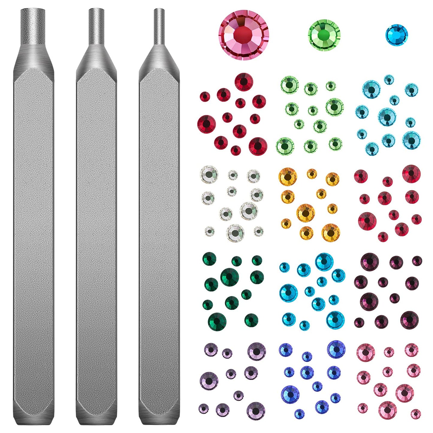 Flat Back Crystals Setter Metal Stamping Punches Kit Includes 3 Pieces Jewelry Metal Stamping Tool for DIY, 1.8 mm, 2.5 mm, 4 mm and 1500 Pieces Multi Colored Rhinestones Crystals