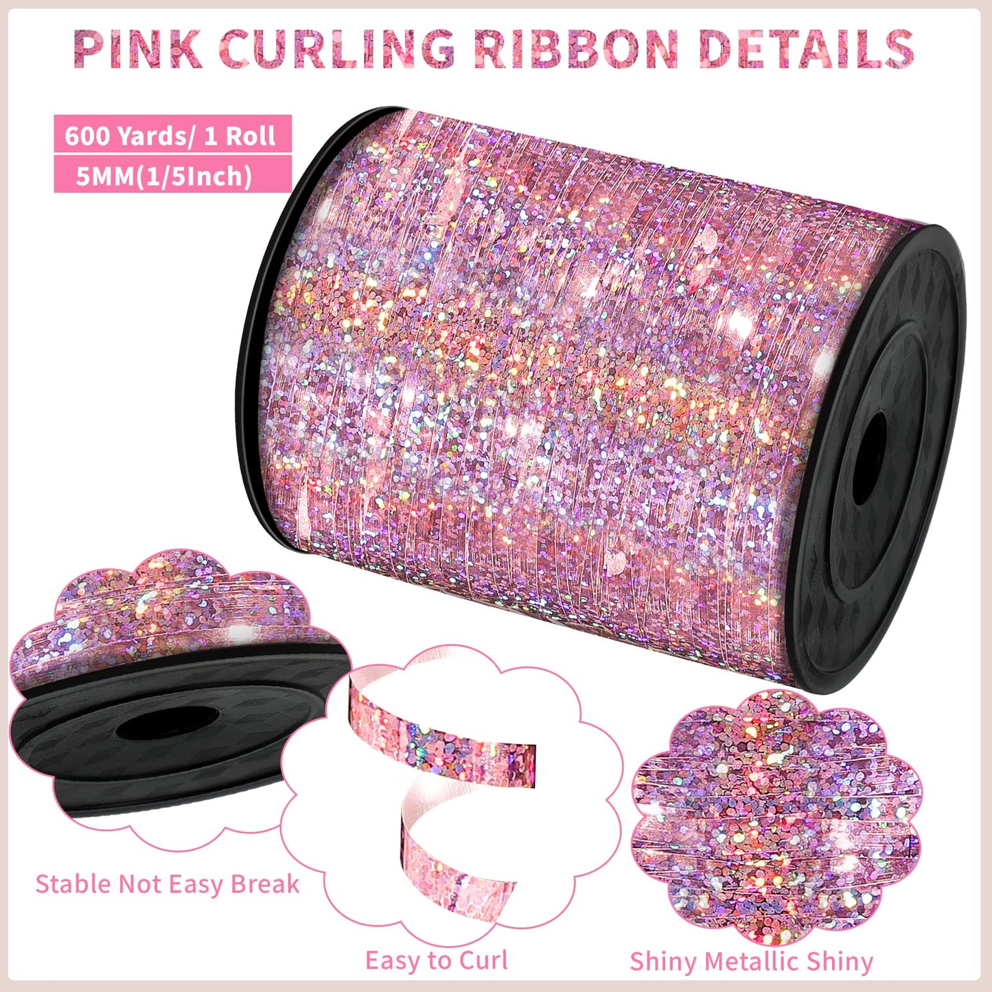 600 Yards Pink Shiny Balloon String Ribbon 1/5 Inch Thin Crafts Curling Ribbon Valentine Ribbon for Gift Wrapping Birthday Party Valentine's Day Decorations