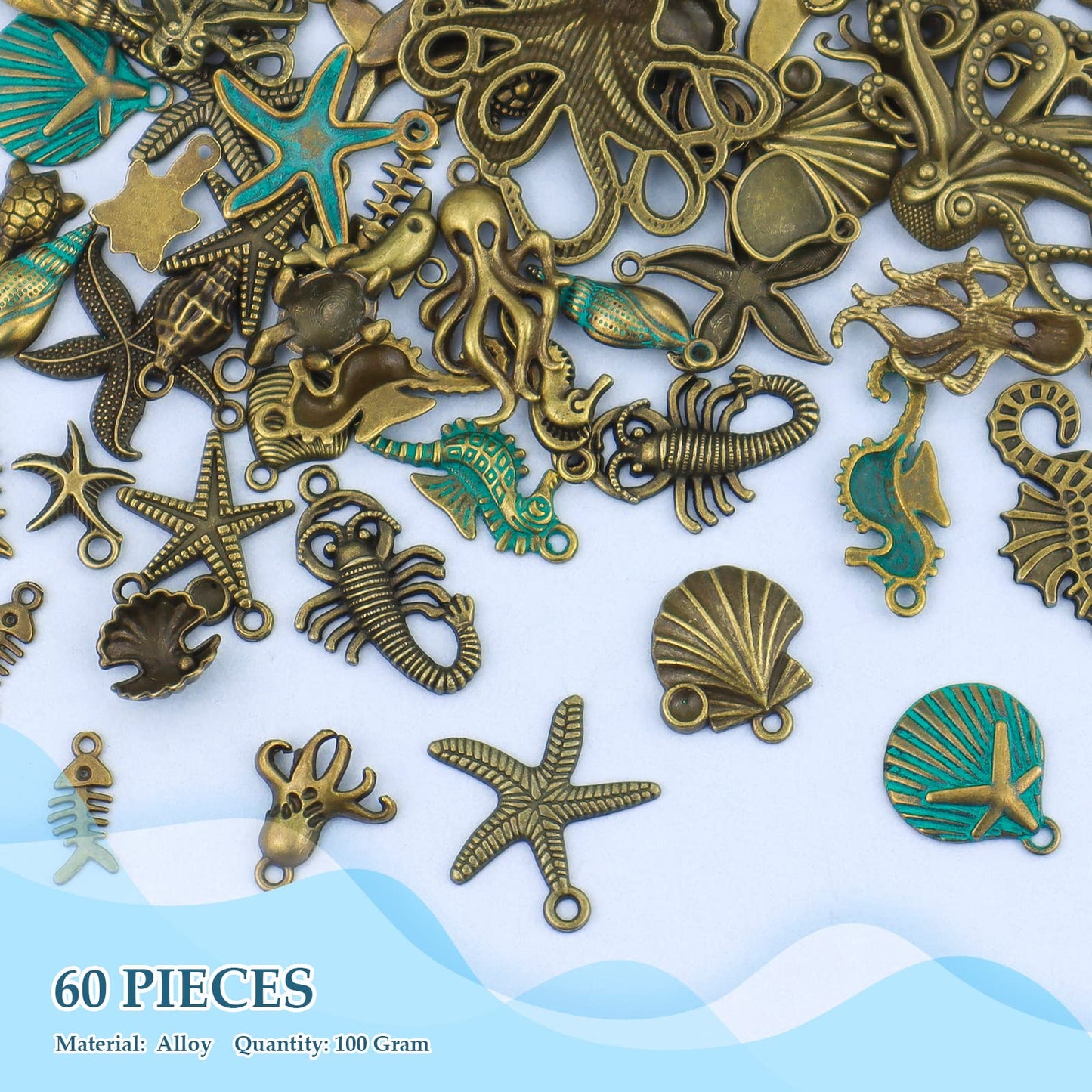 JIALEEY 100 Gram Assorted Antique Ocean Themed Charms Bronze Ocean Fish Sea Creatures Beads Pendants for Jewelry Making and Craft Making