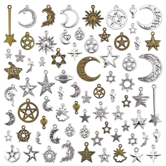 JIALEEY Celestial Mixed Sun Moon Star Charms, Wholesale Bulk Lots Antique Alloy Charms Pendants DIY for Necklace Bracelet Jewelry Making and Crafting, 100g(74PCS)