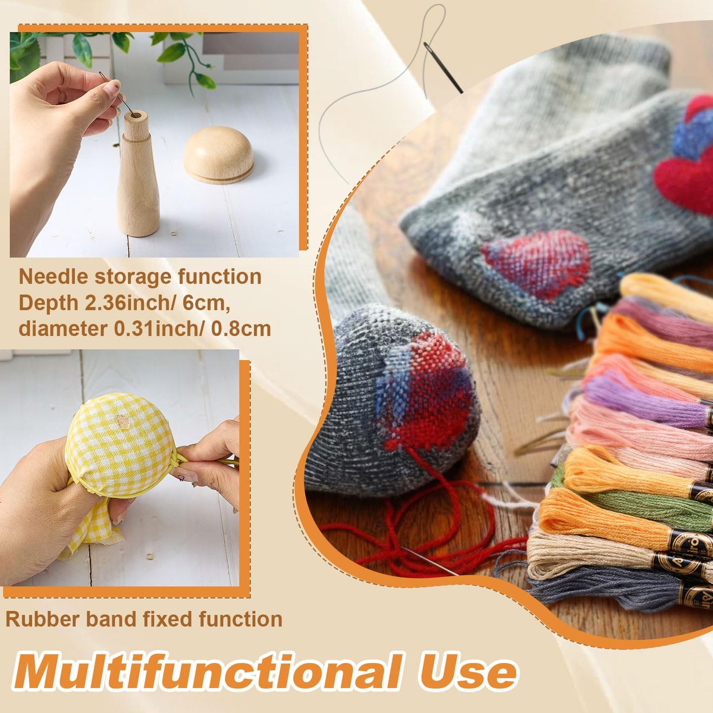 Mini Darning Mushroom for Socks 14 Hooks Small Speedweve Style Weaving Darning Loom with 9 Pcs Large Eye Needles 50 Colors Thread for Handcraft DIY Weaving Repair Tool