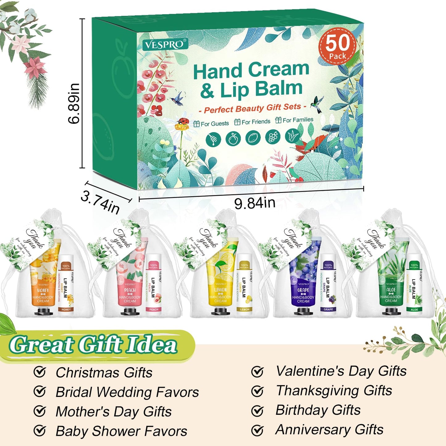50 Sets Bulk Hand Cream and Bulk Lip Balm, Easter Basket Stuffers, Mothers Day Gifts, Bridal Shower Favors for Guests with Thank Card Organza Bags, Wedding Favors, Teacher and Nurse Gifts