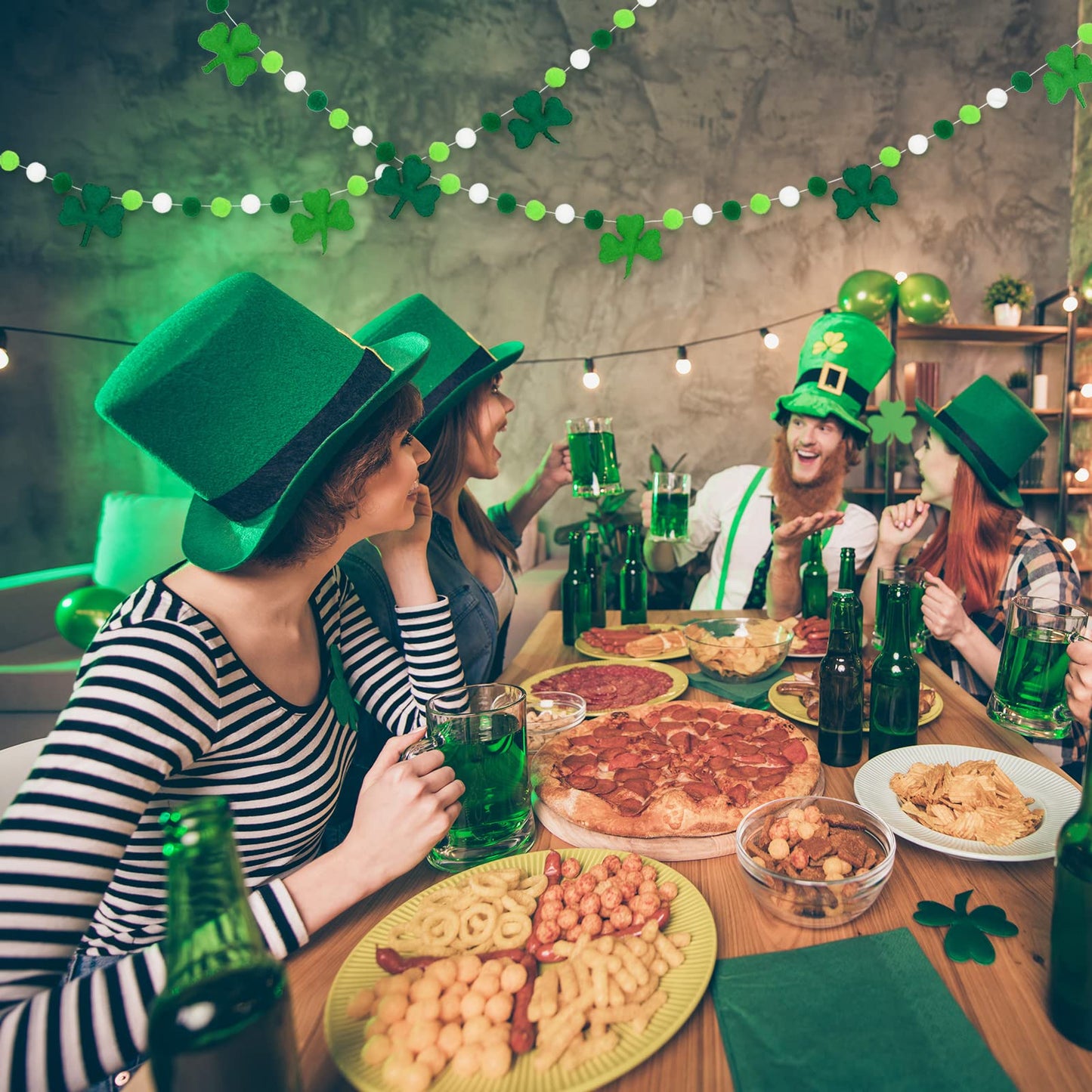 Whaline 8.2Ft St. Patrick's Day Felt Pom Pom Banner Lucky Shamrock Garland Green White Pom Ball Clover Decorative Irish Hanging Bunting Garland for St. Patrick's Day Home Mantel Wall Decor