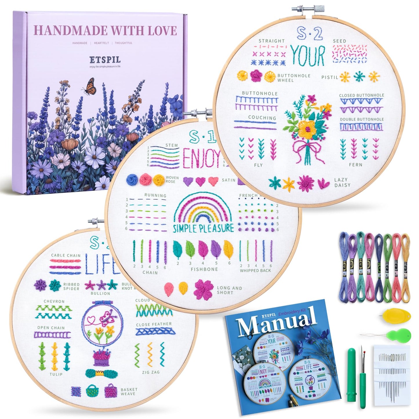 ETSPIL 3 Pack Embroidery Kit for Beginners and Adults,Learn 33 Stitches with DIY Stamped Flower Patterns – Includes Hoop, Color Threads, Tools, and Step-by-Step Instructions with Video Tutorials