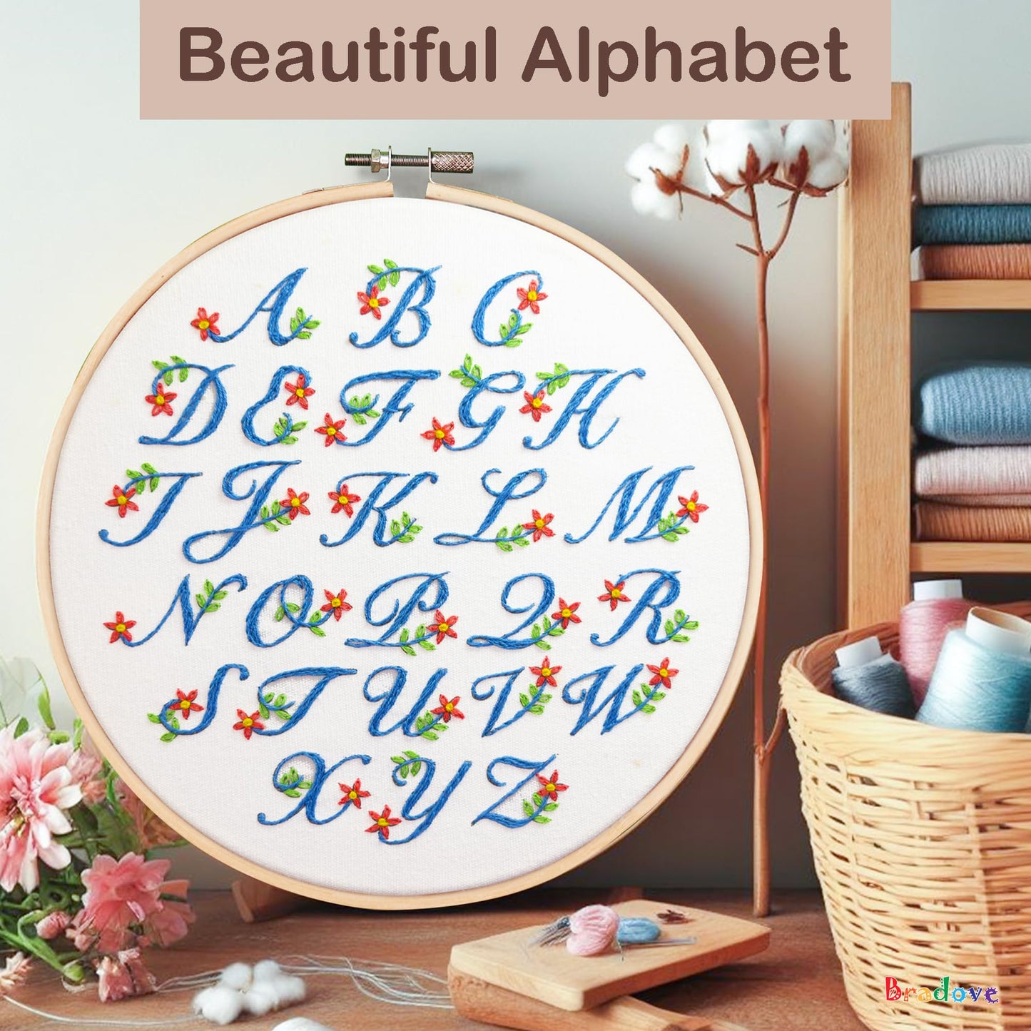 Bradove 3 Sets Alphabet Letter Practice Embroidery Kit for Beginners Adults Kids with Embroidery Patterns, Learn to Embroider Kit Adult Beginners