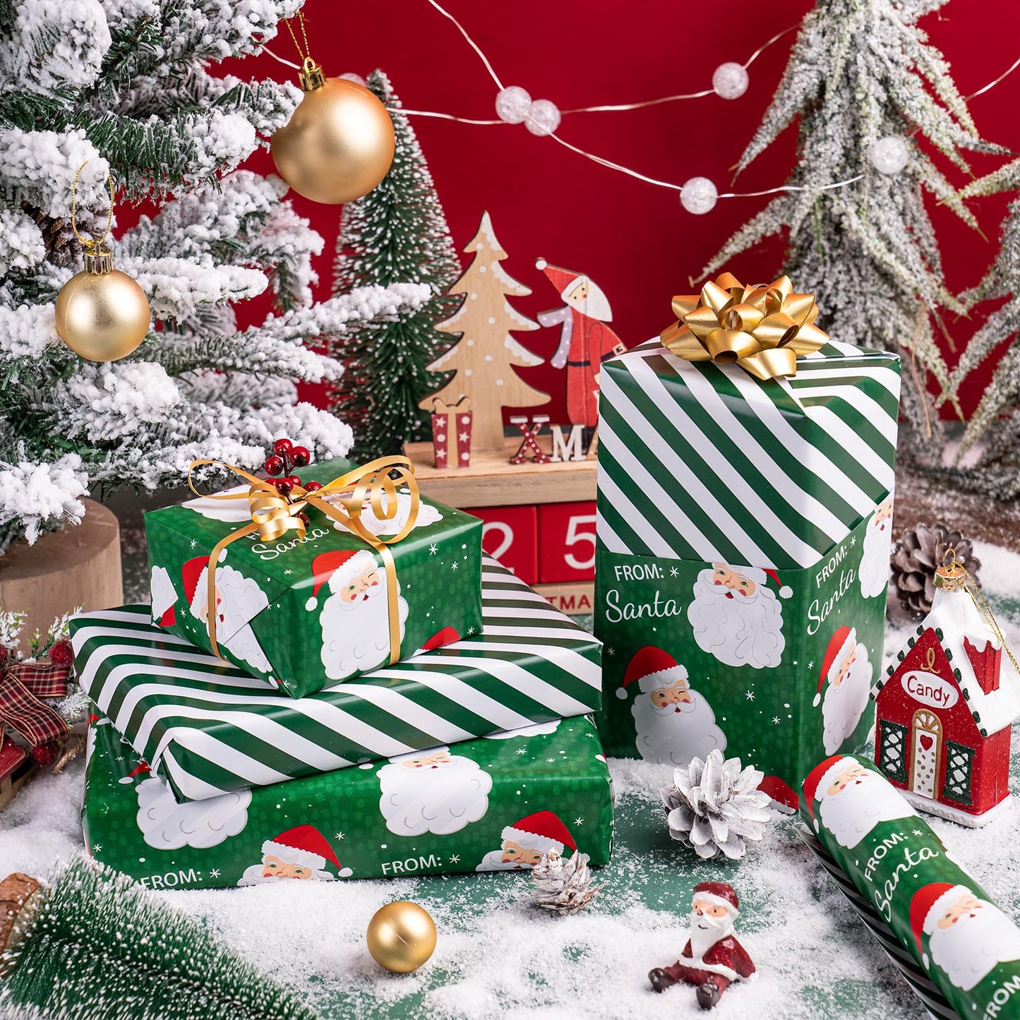 Reversible Christmas Wrapping Paper - Mini Roll - 17 Inch x 33 Feet - Green Santa Wrapping Paper and Stripe Perfect for Christmas, Holiday, Party Celebration