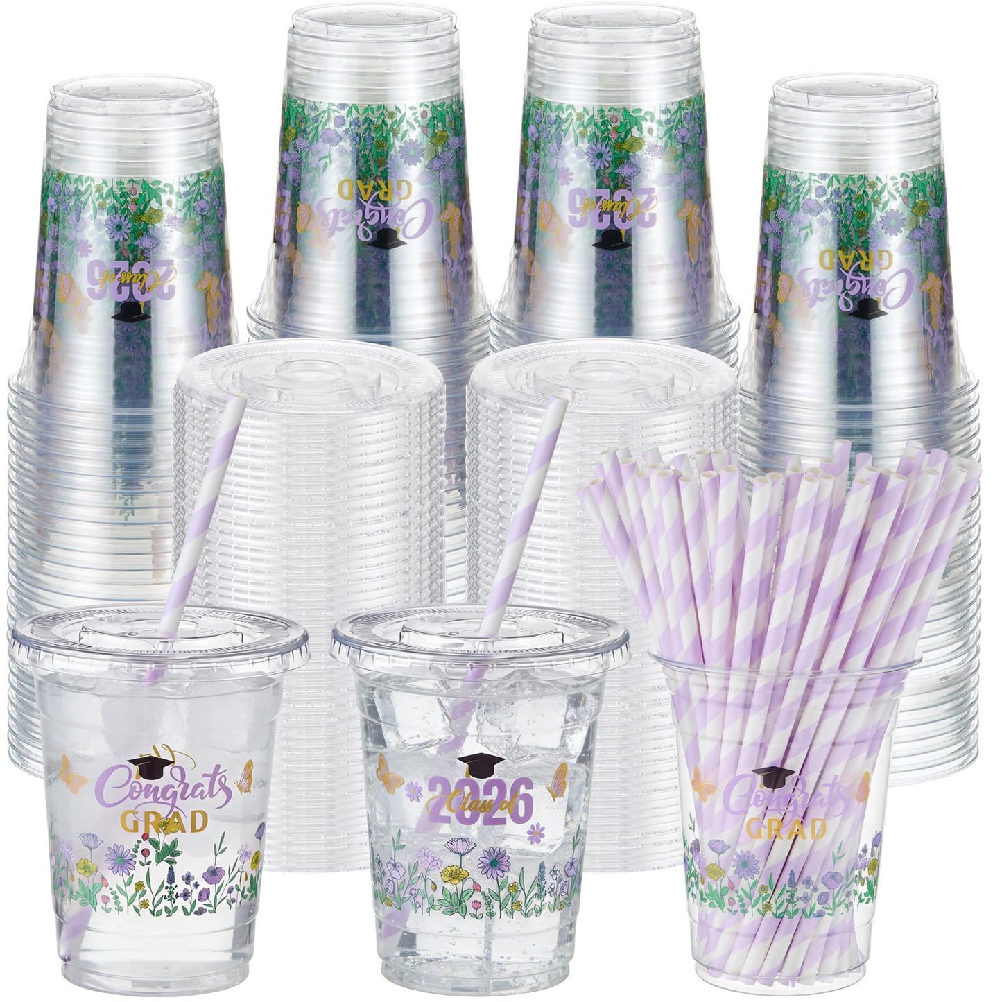 Sliner 50 Sets 16 oz Purple Graduation Plastic Cups Wildflower Congrats Grad Disposable Drinking Cups with Lids and Paper Straws for Hot Cold Drinks Class of 2026 Graduation Party Supplies