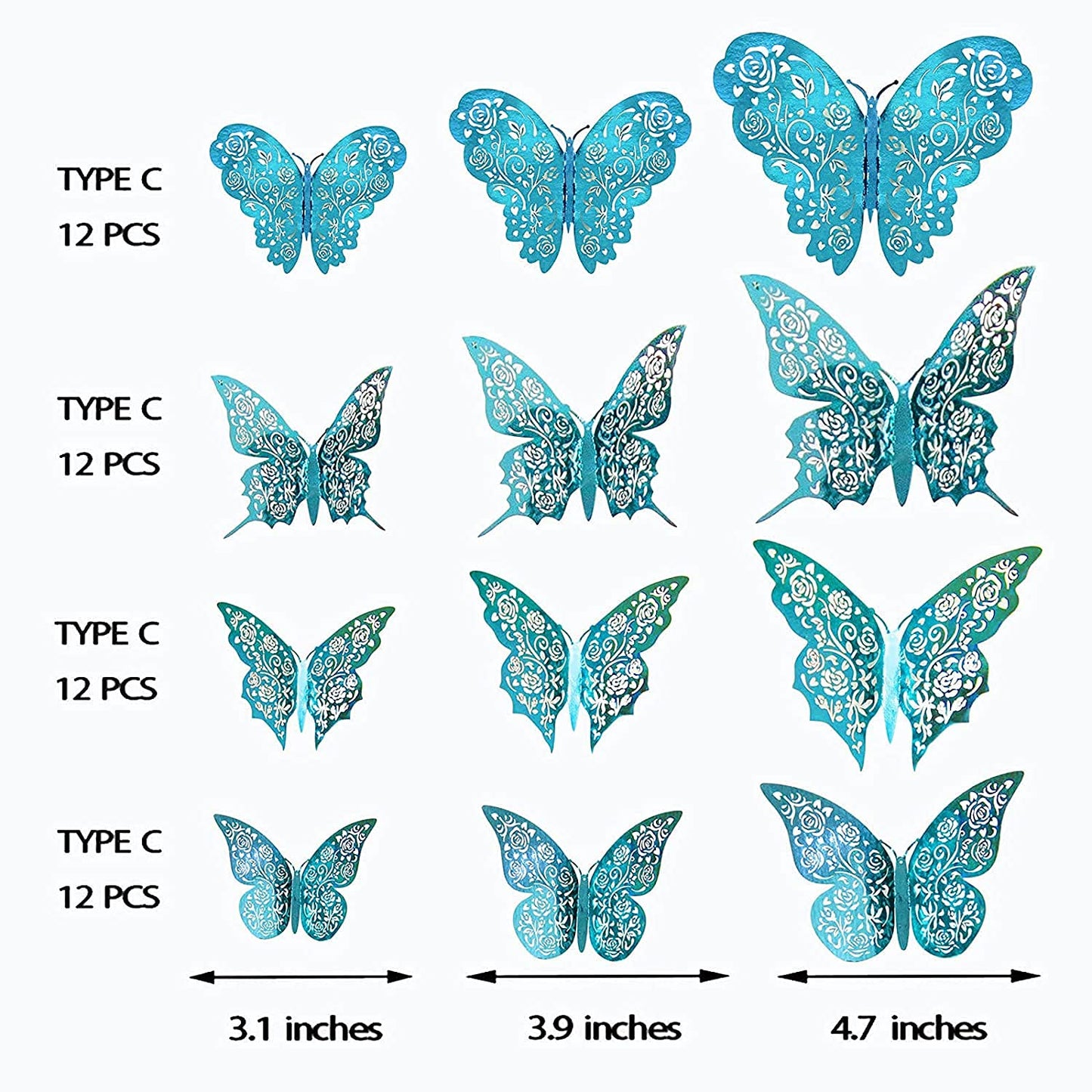 Cheerland Butterfly Wall Stickers Teal Blue 3D Room Decal Mural Sticker Butterfly Decoration for Room Wedding Engagement Baby Shower Birthday Party (Teal Blue C) - Pack of 48
