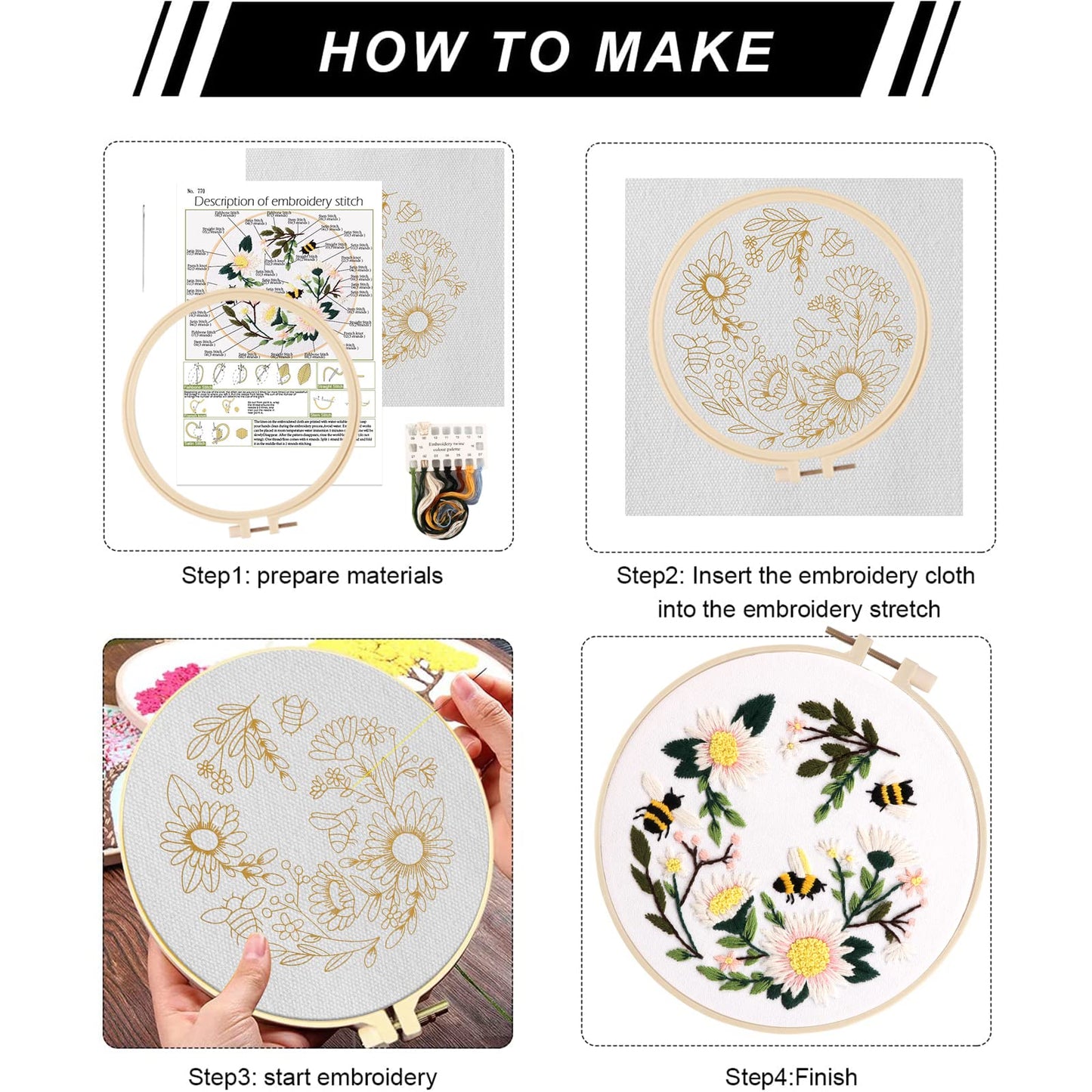 Embroidery Starter Kit for Beginners, 3 Sets Cross Stitch Kits for Adults, Include Embroidery Clothes with Cute Bees and Flowers Patterns, 1 Embroidery Hoop, Threads, Needles and Instruction