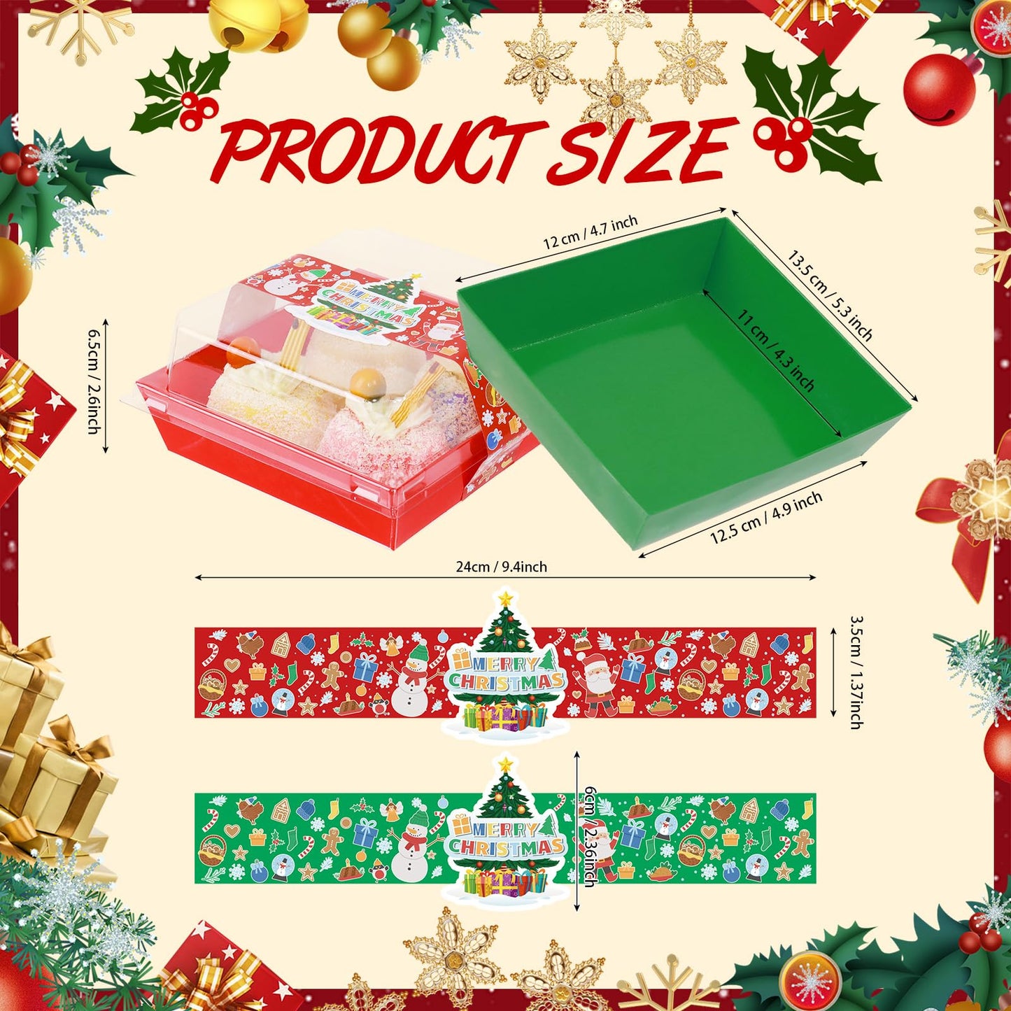 100 Pcs Christmas Charcuterie Boxes with Clear Secure Lids and 100 PCS Stickers, Disposable Christmas Paper Bakery Box Red Green Square Dessert Containers for Party Cookie Cake Sandwich