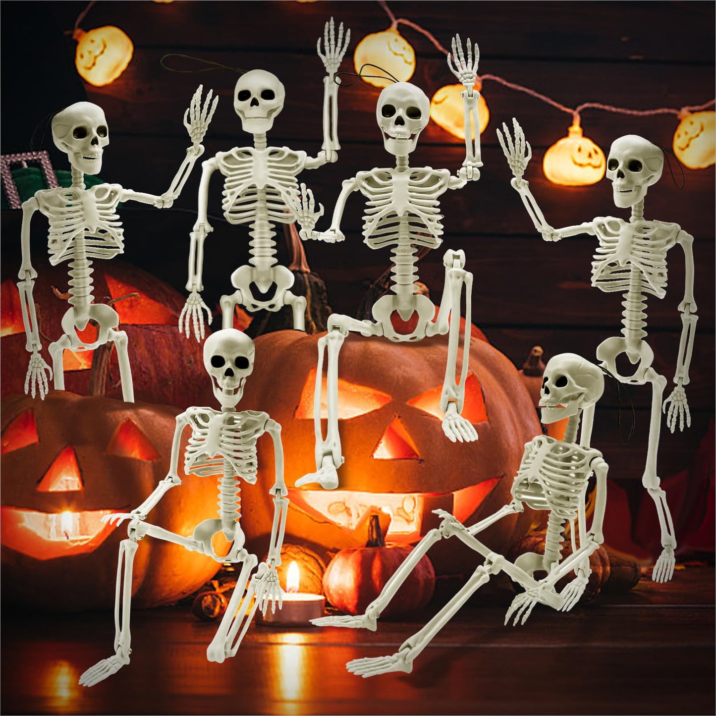 HOLILURE 6 Pack Halloween Skeleton Decoration, 16" Small Poseable Skeleton Full Body Skeleton with Movable Joints, Plastic Skeletons for Garden Graveyard Haunted House Party Home Props Decor