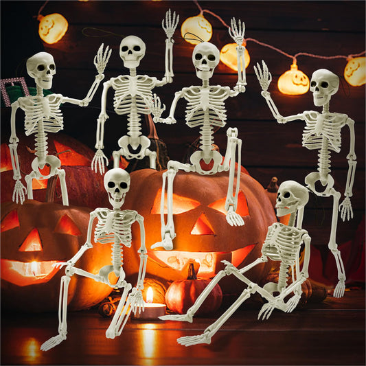 HOLILURE 6 Pack Halloween Skeleton Decoration, 16" Small Poseable Skeleton Full Body Skeleton with Movable Joints, Plastic Skeletons for Garden Graveyard Haunted House Party Home Props Decor