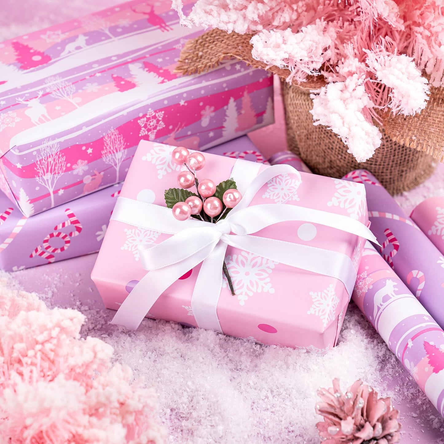 Christmas Wrapping Paper Roll - Mini Roll - 3 Rolls - 17 Inch X 120 Inch Per Roll - Pastel Pink and Purple Reindeer, Candy Cane with JOY, Snowflake Holiday Collection