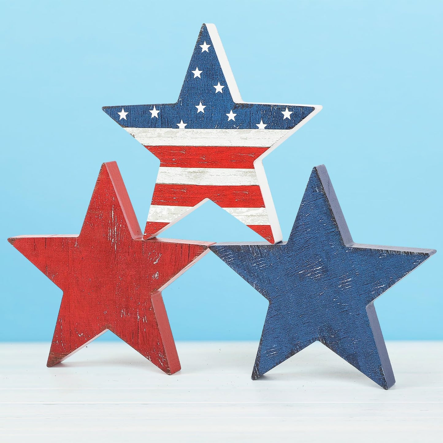 3 Pcs 4th of July Wooden Star Signs,Rustic Memorial Day Tiered Tray Decor, American Patriotic Table Decoration for Home Kitchen (Retro)