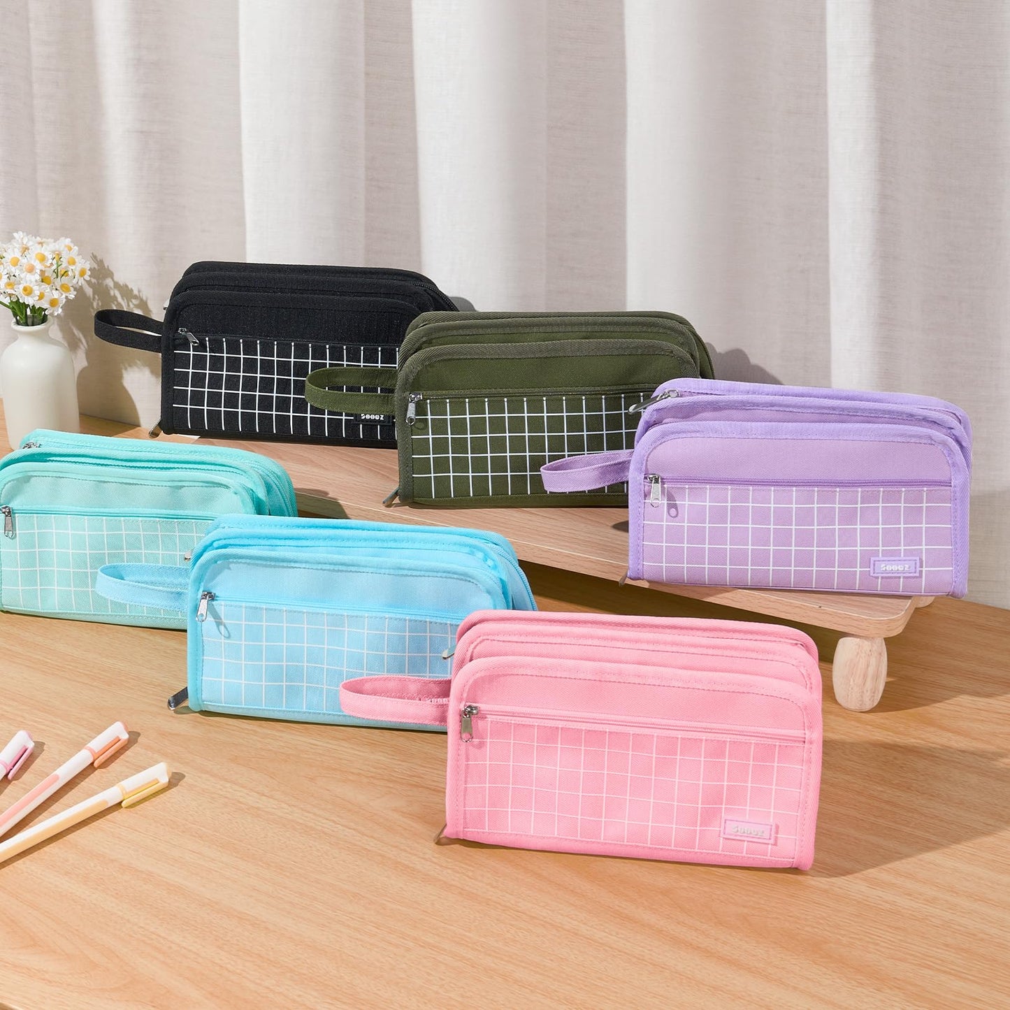 Sooez Large Pencil Case, Big Capacity Pencil Pouch Pen Bag with 3 Compartment, Portable Canvas Stationery Organizer with Zipper, Cute Aesthetic School Supplies for Teen Girls, Purple with Plaid