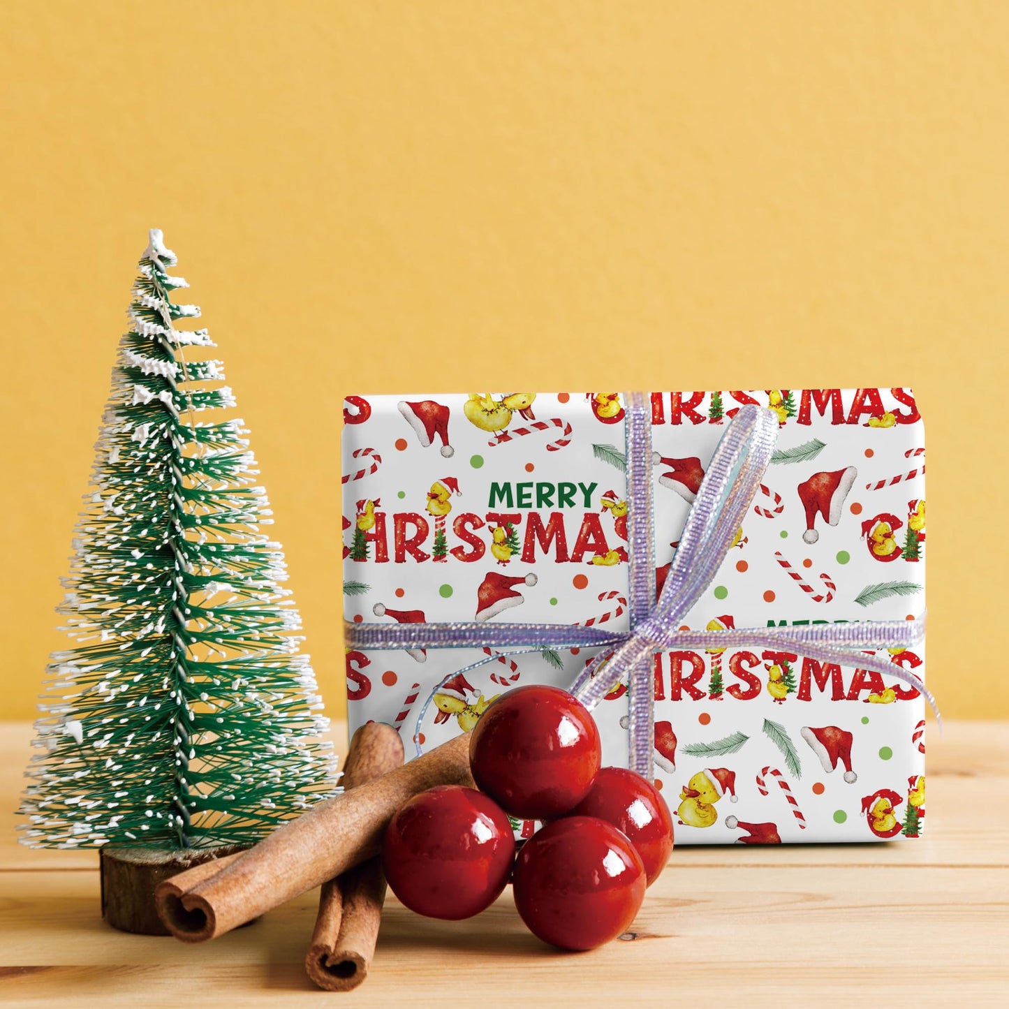 Christmas Duck Wrapping Paper - Funny Xmas Gift Wrap with Santa Hats, Candy Canes, Yellow Ducks and MERRY CHRISTMAS for Kids Boys Girls - 40×28 Inches, 4 Folded Sheets