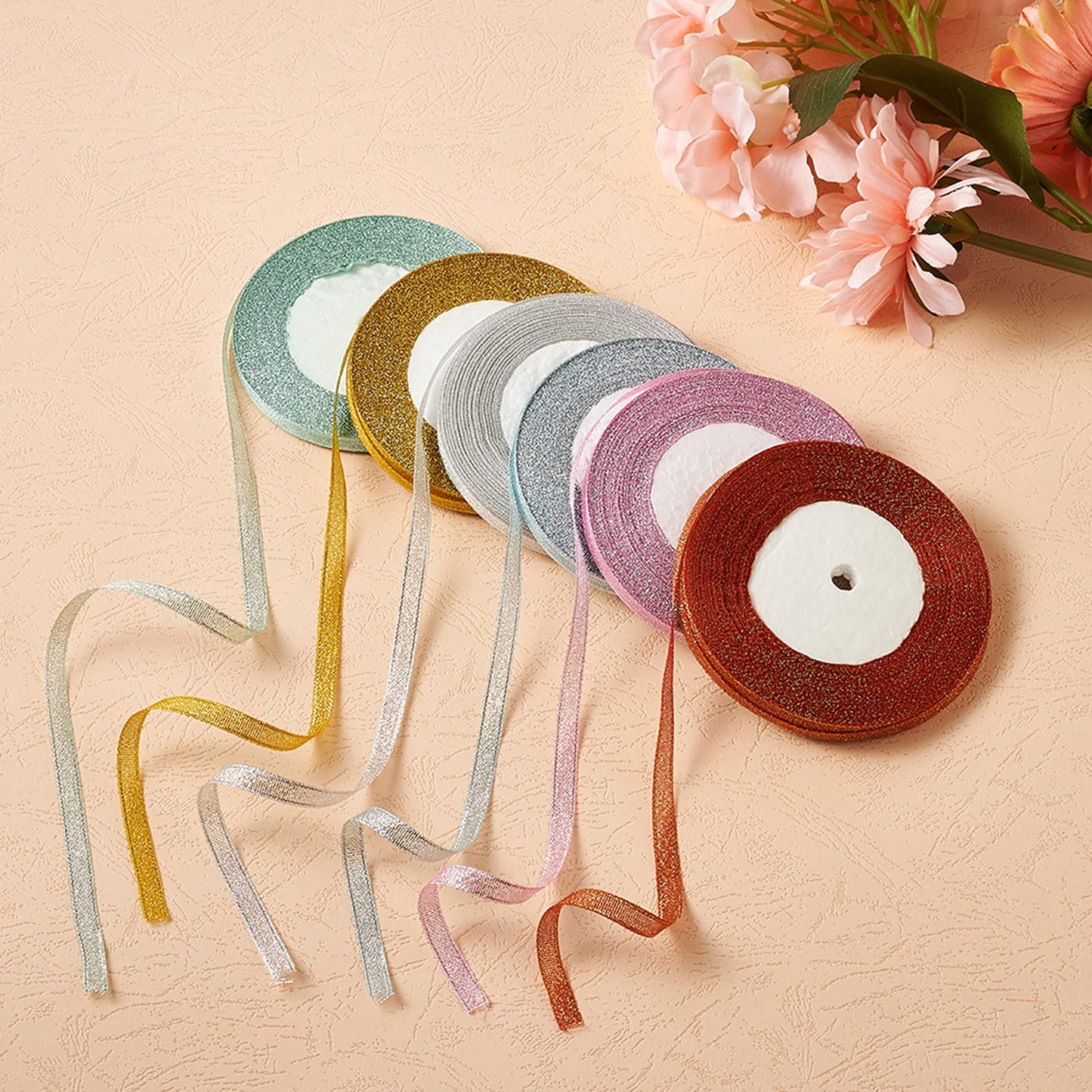 6 Rolls 198 Yards Sparkly Glitter Fabric Ribbon 1/4-Inch 6mm Metallic Sheer Organza Ribbon 6 Colors for Jewelry Bows Making Party Wedding Present Package Wrapping