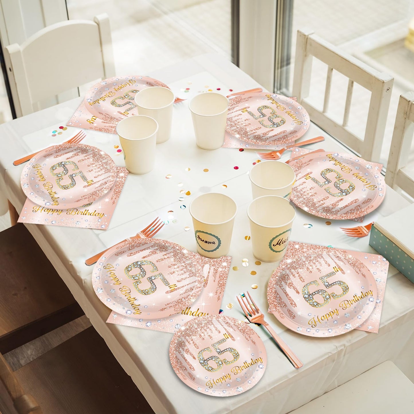 96Pcs 65th Birthday Party Plates and Napkins for 65 Year Old Birthday Party Supplies Rose Gold Paper Dessert Plates 65th Birthday Tableware Set for Men Women 24 Guests Party Decorations