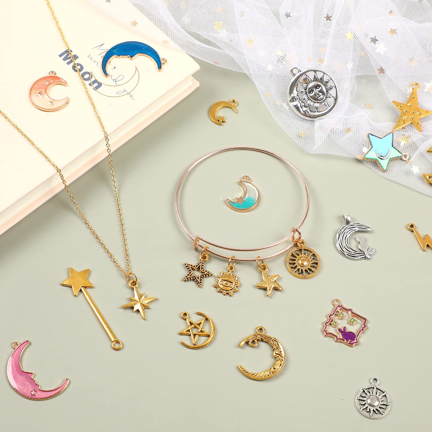SANNIX 120Pcs Mixed Sun Star Moon Charms Jewelry Making Gold Enamel Charm Pendants for DIY Necklace Bracelet Making Supplies